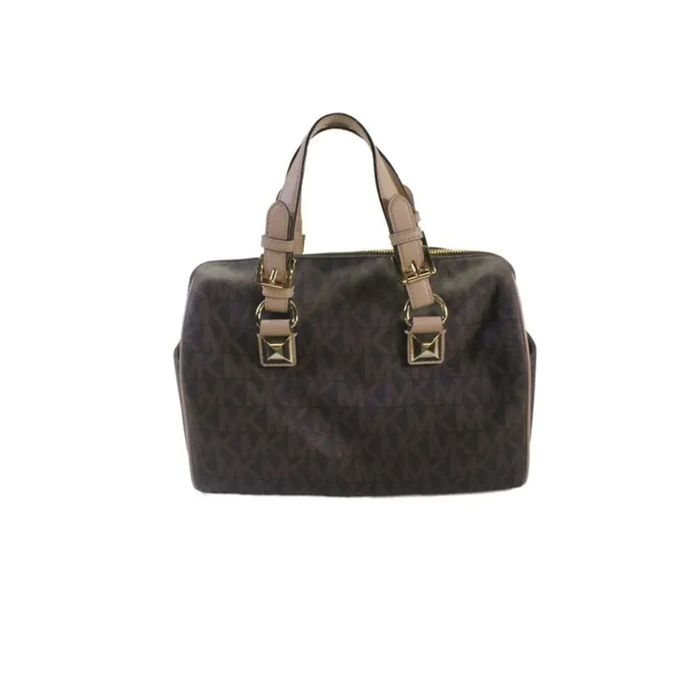 Michael Kors Womens Leather Monogram Grayson Satchel Handbag Brown